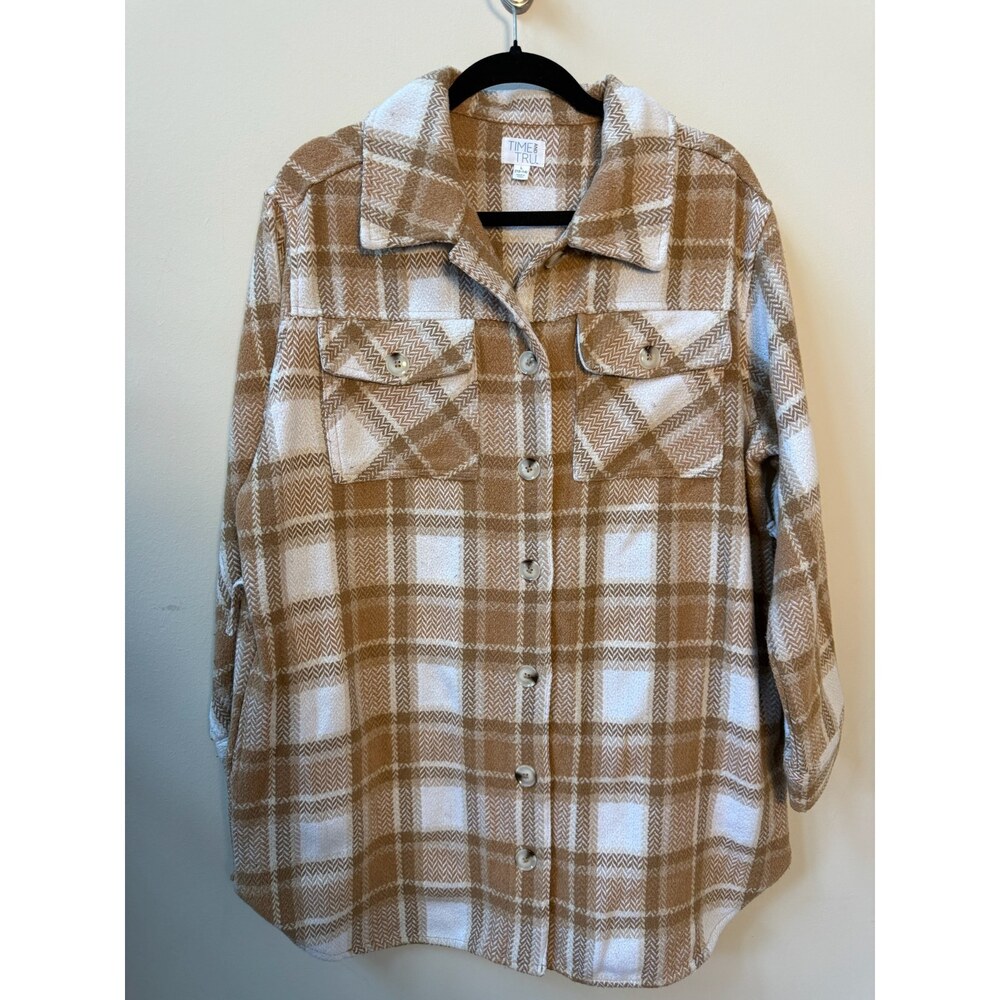 Time and Tru Tan Plaid Woven Knit Shirt Jacket Size Large